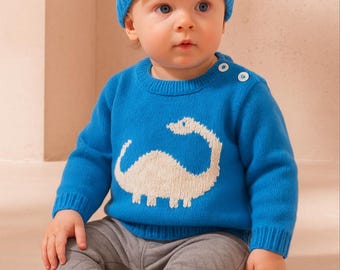 Knitting Pattern for Baby Dinosaur Sweater and Hat 3-24 months, Aran Sweater and Hat Diplodocus, Baby Jumper and Hat set, Digital Download