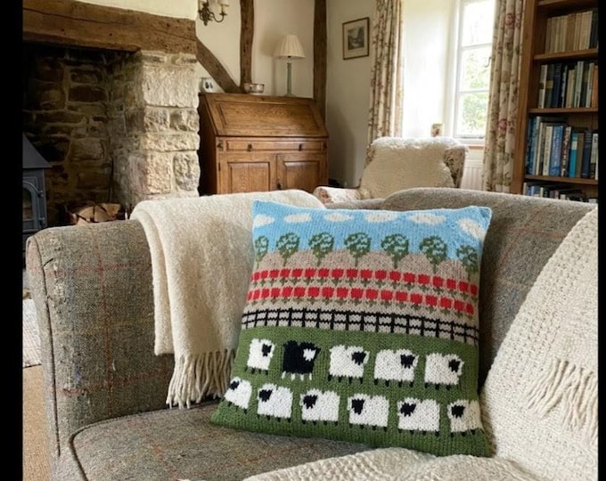 Sheep and Poppies Cushion Knitting Pattern: Aran/Worsted Pillow (PDF Pattern)