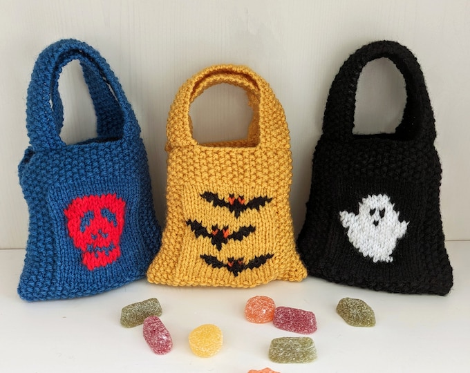 Halloween Treat Bag Knitting Pattern,  Handmade Bags, Bats, Spiders, Skull, Skeleton,  Ghost and Pumpkin motifs, Pdf digital download