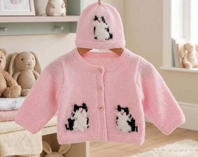 Baby Cat Cardigan and Hat Knitting Pattern: DK Yarn, 0-18 Months (Digital Pattern)
