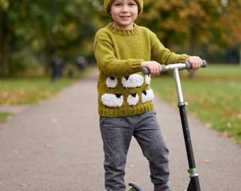 Sheep Sweater & Hat Knitting Pattern: Aran/Worsted Yarn, Child Sizes 2-10 (Digital Download)