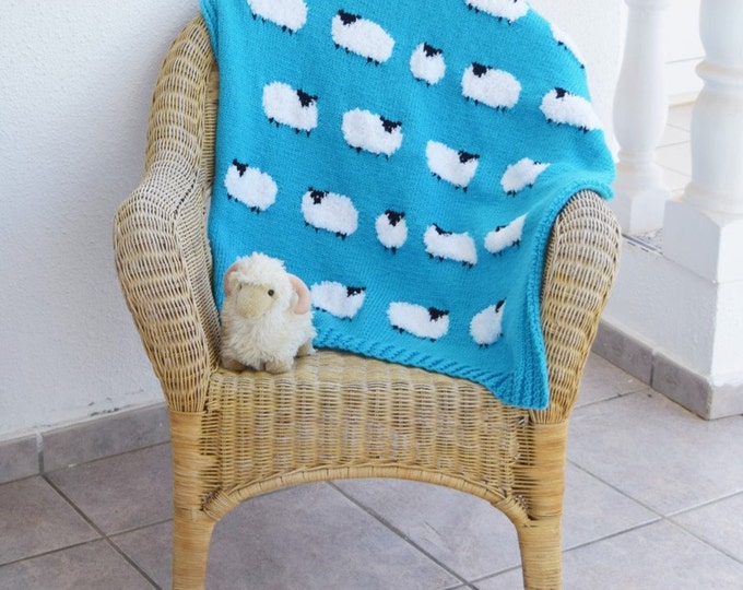 Knitting pattern for a Sheep Blanket, Throw Knitting Pattern with Sheep, Baby Blanket with Sheep, digital download