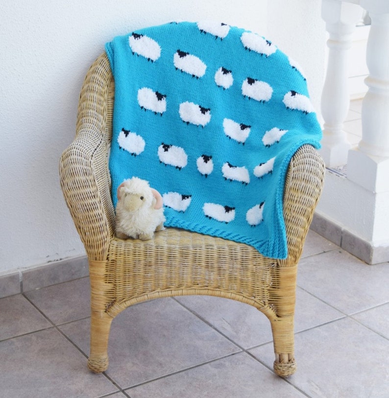 Knitting pattern for a Sheep Blanket, Throw Knitting Pattern with Sheep, Baby Blanket with Sheep, digital download image 1