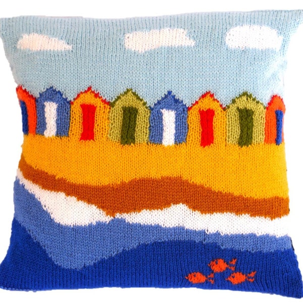 Knitting Pattern for Beach Huts Cushion, Pillow Knitting Pattern with Beach Huts, Seaside Pillow Knitting Pattern, Beach Huts Cushion