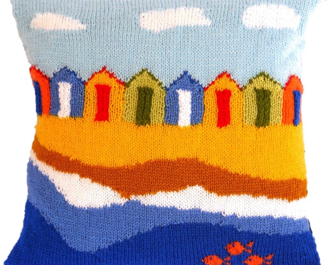 Knitting Pattern for Beach Huts Cushion, Pillow Knitting Pattern with Beach Huts, Seaside Pillow Knitting Pattern, Beach Huts Cushion