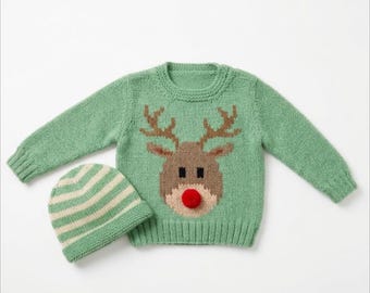 Knitting Pattern: Rudolph Sweater & Hat Set, Aran/Worsted Yarn, 0-2 Years (Digital Download