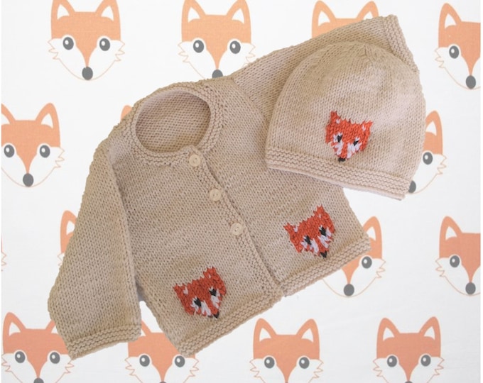 Knitting Pattern for Baby Fox Cardigan and Hat 0-18 months, Fox Jacket and Hat for Boy or Girl, Fox Jacket and Hat in DK yarn, PDF Digital