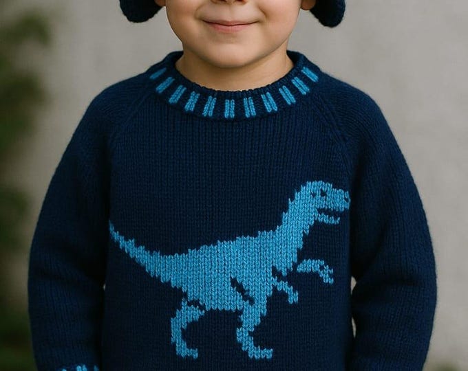 Knitting Pattern Dinosaur Child's Sweater and Hat - Velociraptor 4-13 years,  Dinosaur Sweater and Hat Knitting Pattern, Digital Pattern