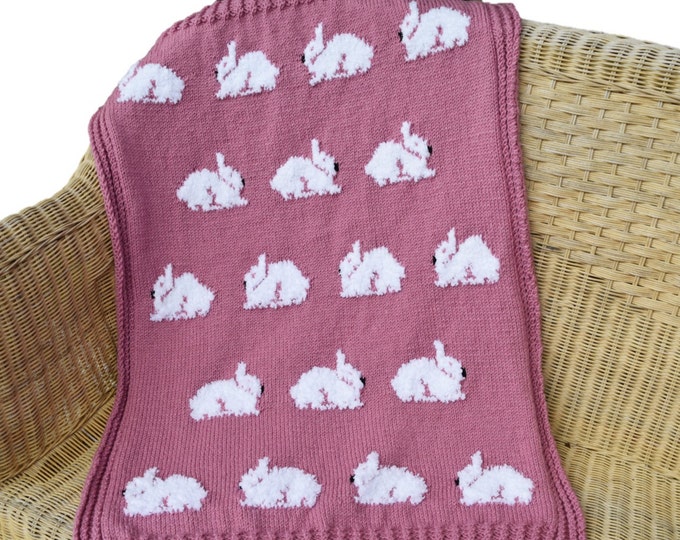 Knitting Pattern -Rabbit Blanket, Throw Knitting Pattern with Bunnies, Rabbits Throw Knitting Pattern, Cosy Throw with Rabbits, Bunny throw