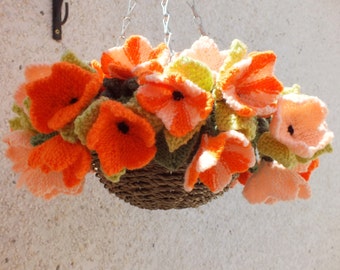 Knitting Pattern for flower hanging basket, Flowers and leaves knitting pattern, Surfinias knitted flowers, Digital download pdf