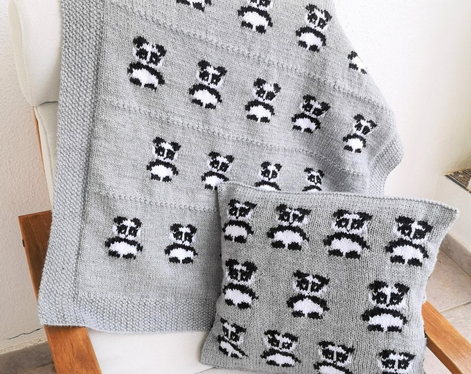 Knitting Pattern for Panda Cushion and Blanket, Pillow and Throw with Pandas for the Nursery and Sofa, Home décor knitting patterns