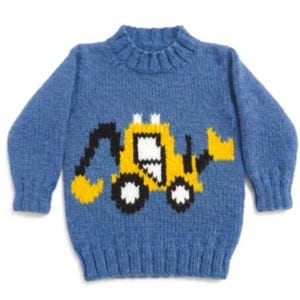 May include: A blue long-sleeve knit sweater featuring a yellow and black construction vehicle graphic on the front. The sweater has a ribbed crew neckline, ribbed cuffs, and a ribbed hem, showcasing a textured knit pattern throughout the garment.