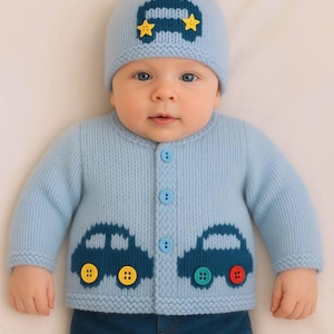 Knitting Pattern for Baby Car Cardigan and Hat 0-18 months, Car Jacket and Hat for Boy or Girl  in DK, PDF Digital Knitting Patterns