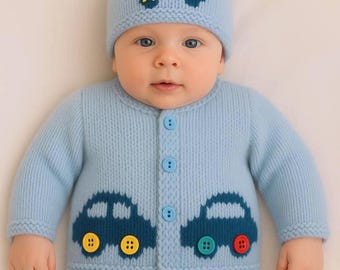 Knitting Pattern for Baby Car Cardigan and Hat 0-18 months, Car Jacket and Hat for Boy or Girl  in DK, PDF Digital Knitting Patterns