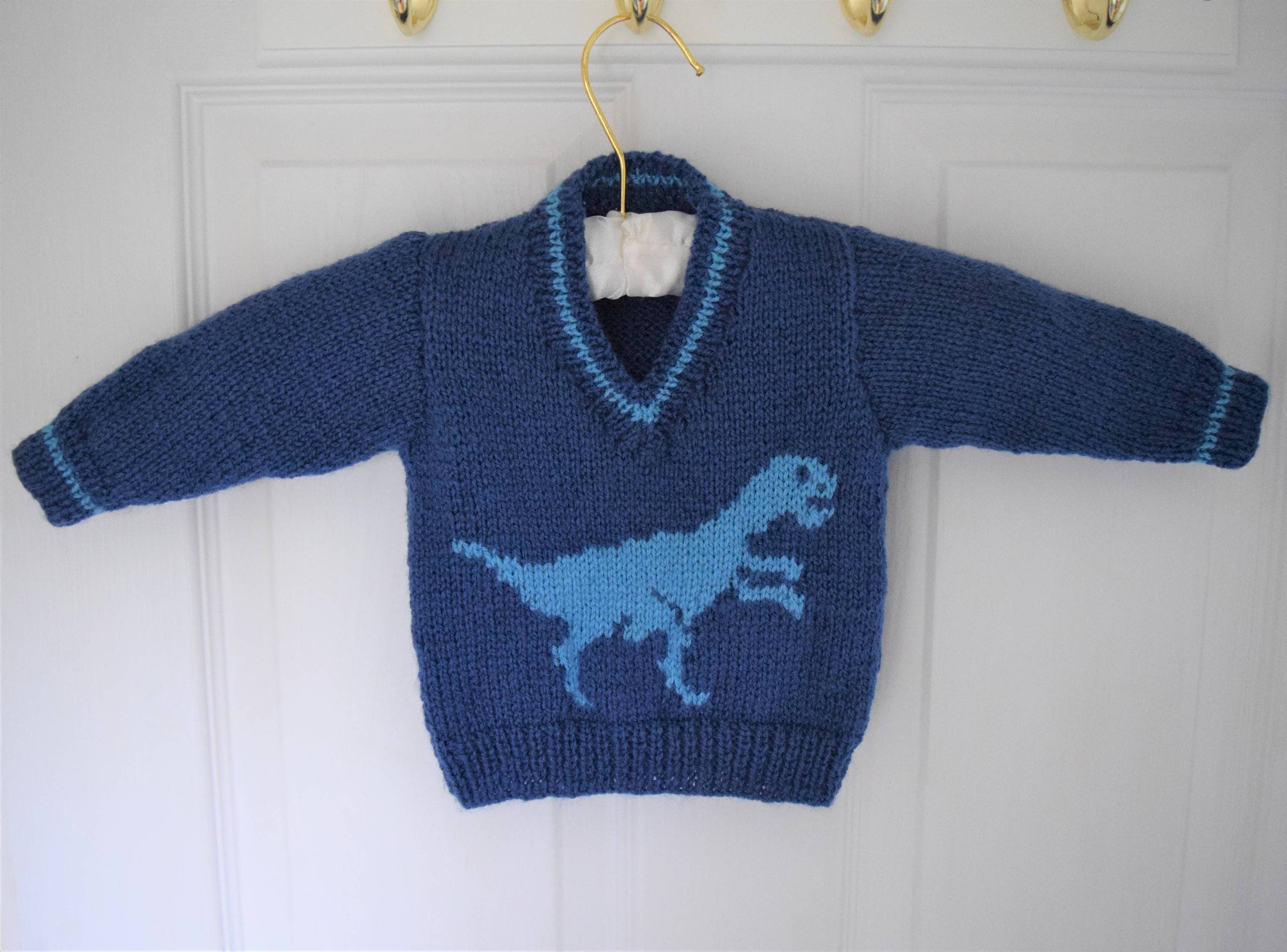 Knitting pattern for boys and girls dinosaur Vneck tops