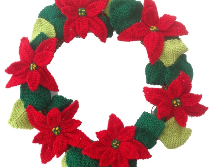 Knitting Pattern for Poinsettia Christmas Wreath,  Poinsettias Christmas Flowers, Christmas Wreath, Front Foor Christmas Wreath, Xmas Decor