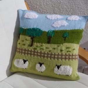 Knitting Pattern for Sheep in the Countryside Cushion, Pillow Knitting Pattern with Sheep, Sheep Fields Fence Trees Sky and Clouds Pattern image 4