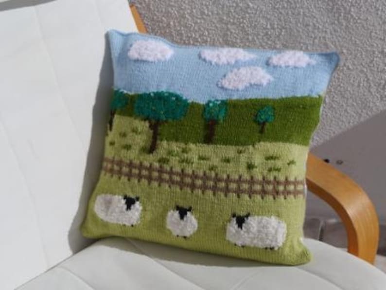 Knitting Pattern for Sheep in the Countryside Cushion, Pillow Knitting Pattern with Sheep, Sheep Fields Fence Trees Sky and Clouds Pattern image 4