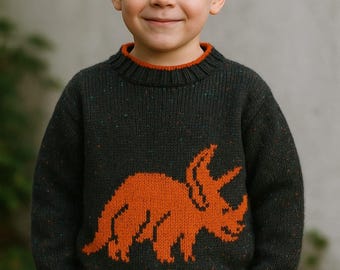 Knitting Pattern for Dinosaur Child's Sweater and Hat Triceratops 4-13 years, Dinosaur Sweater and Hat Pattern, Dinosaur Knitting Pattern