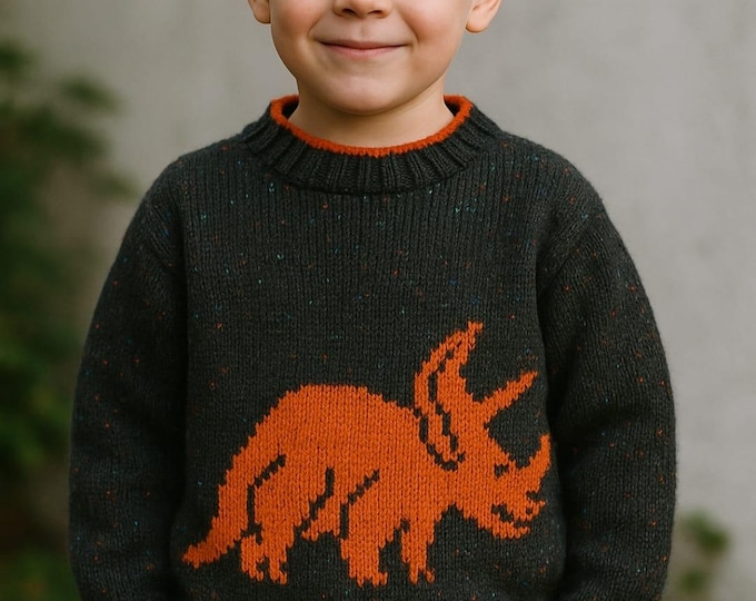 Knitting Pattern for Dinosaur Child's Sweater and Hat Triceratops 4-13 years, Dinosaur Sweater and Hat Pattern, Dinosaur Knitting Pattern