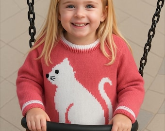 Knitting Pattern - Cat Child's Sweater 2-7 years, Cat motif for Girls Boys knitting patterns, Double Knitting yarn for round necked jumper