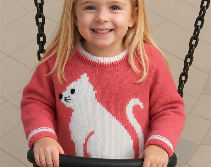 Knitting Pattern - Cat Child's Sweater 2-7 years, Cat motif for Girls Boys knitting patterns, Double Knitting yarn for round necked jumper