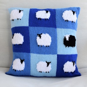 Knitting Pattern for Sheep Cushion in Patchwork, Pillow Knitting Pattern with Sheep, Flock of Sheep Knitting Pattern, Digital download pdf