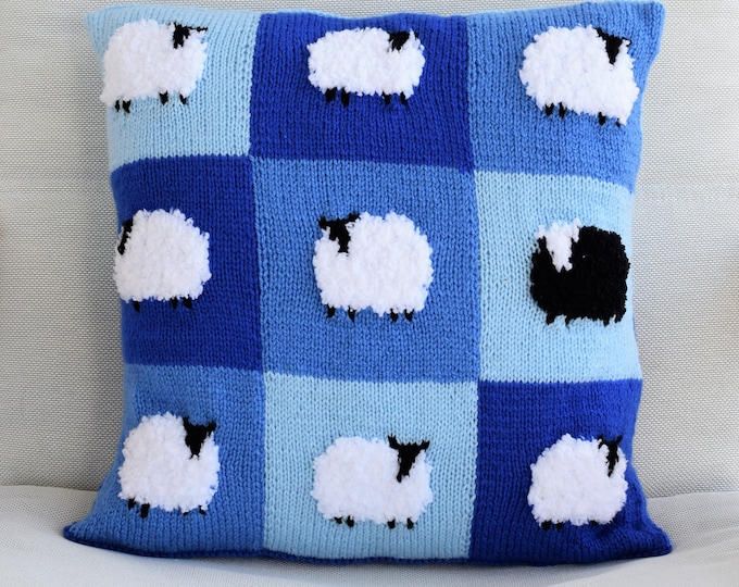 Knitting Pattern for Sheep Cushion in Patchwork, Pillow Knitting Pattern with Sheep, Flock of Sheep Knitting Pattern, Digital download pdf