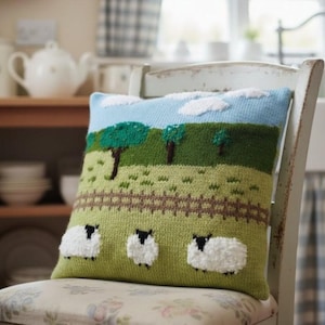 Sheep in Countryside Cushion Knitting Pattern, Countryside scene, DK yarn (Digital Download)