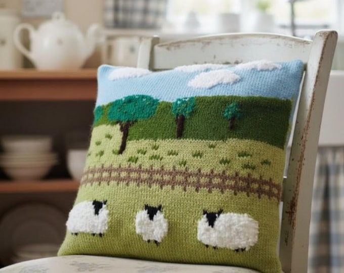 Sheep in Countryside Cushion Knitting Pattern, Countryside scene, DK yarn (Digital Download)