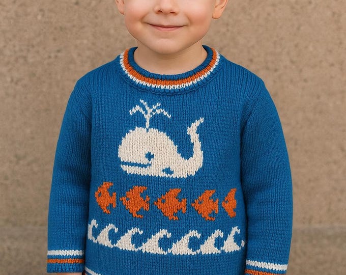 Whale, fish and waves sweater knitting pattern. Ages 2 - 7 years.  Double knitting (8 ply) yarn.