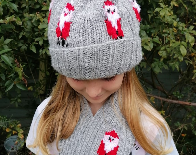 Knitting Pattern-Santa Christmas Hat and Scarf in children's and adult sizes, Aran Yarn, Winter Xmas Knitting, Xmas Gifts, Digital Download