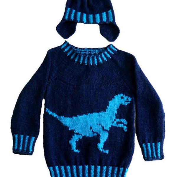 Knitting Pattern Dinosaur Child's Sweater and Hat - Velociraptor 4-13 years,  Dinosaur Sweater and Hat Knitting Pattern, Digital Pattern