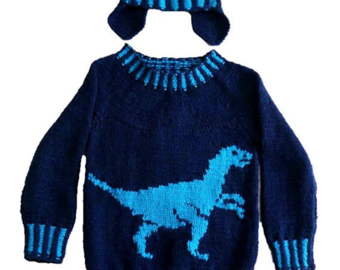 Knitting Pattern Dinosaur Child's Sweater and Hat - Velociraptor 4-13 years,  Dinosaur Sweater and Hat Knitting Pattern, Digital Pattern