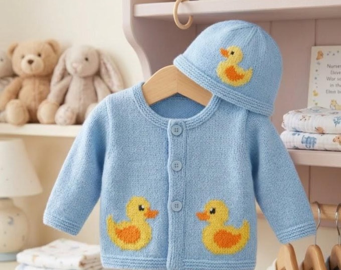 Knitting Pattern: Baby Duck Cardigan & Hat, DK Yarn, 0-18 months (PDF Digital Download)