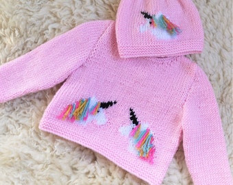 Knitting Pattern for Baby Unicorn Sweater and Hat 0-18 months, Unicorn Jumper and Hat for Boy or Girl, Double Knitting, 8 ply, Digital