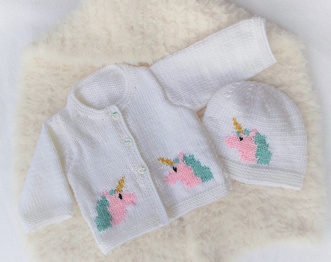 Knitting Pattern for Baby Unicorn Cardigan and Hat 0-18 months, Unicorn Jacket and Hat for Boy or Girl, DK 8 ply, Digital Patterns