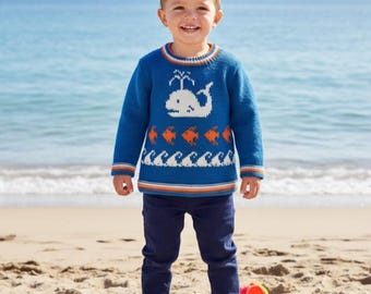 Whale, fish and waves sweater knitting pattern. Ages 2 - 7 years.  Double knitting (8 ply) yarn.