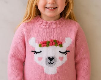 Knitting Pattern for Llama Chunky Child's Sweater, Children's Llama Digital Pattern for ages 4, 5, 6, 7, 8, 9, 10,11 years with 12 ply yarn