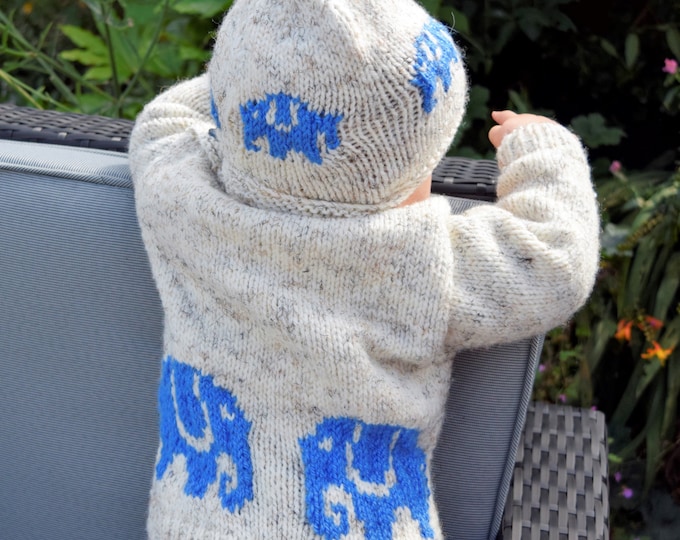 Elephant Aran/Worsted Sweater & Hat Knitting Pattern: Baby/Toddler Sizes 0-2 Years (Digital Download)