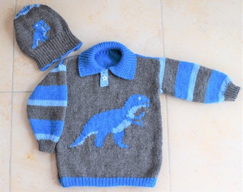 Knitting Pattern for Dinosaur Child's Sweater and Hat - Tyrannosaurus 2-12 years,  Dinosaur Sweater and Hat Knitting Pattern, T Rex, Digital