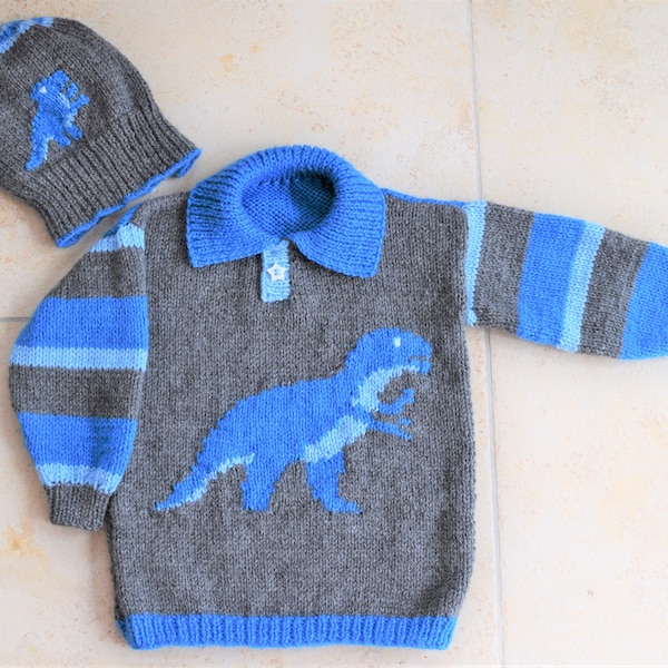 Knitting Pattern for Dinosaur Child's Sweater and Hat - Tyrannosaurus 2-12 years,  Dinosaur Sweater and Hat Knitting Pattern, T Rex, Digital