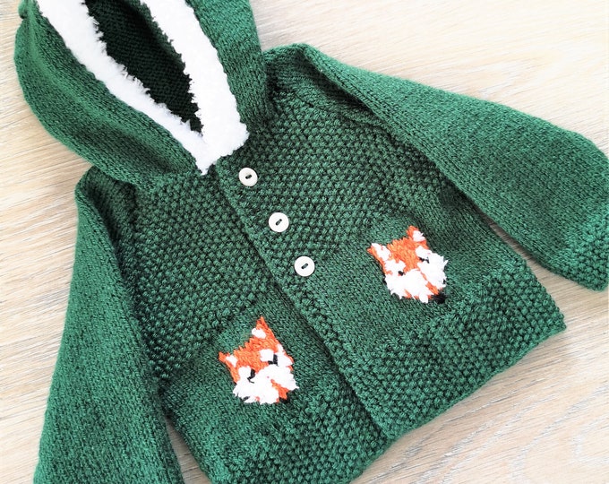 Knitting Pattern for Child's Fox Hoodie Birth to 8 years, Front Fastening Fox Hoodie for Boy or Girl, Fox Jacket with Hood in DK, Digital