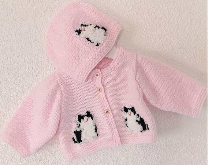 Knitting Pattern for Baby Cat Cardigan and Hat, Cat Jacket and Hat for Boy or Girl, Kitten Jacket and Hat in DK Digital Knitting Patterns