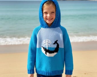 Whale hoodie knitting pattern.  Sizes birth to 7 years.  Double knitting (8 ply) yarn.