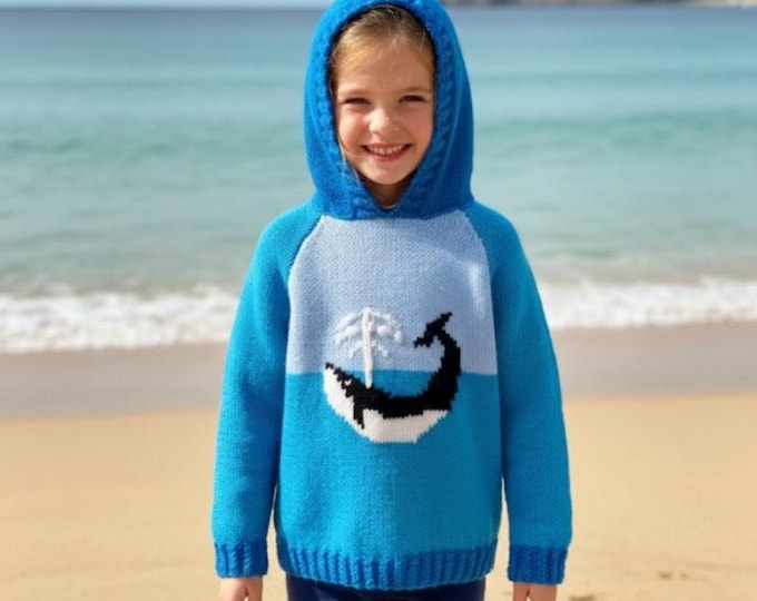 Whale hoodie knitting pattern.  Sizes birth to 7 years.  Double knitting (8 ply) yarn.