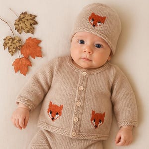 Knitting Pattern for Baby Fox Cardigan and Hat 0-18 months, Fox Jacket and Hat for Boy or Girl, Fox Jacket and Hat in DK yarn, PDF Digital