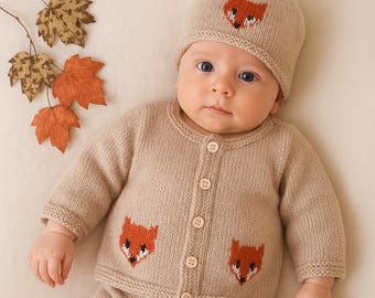 Knitting Pattern for Baby Fox Cardigan and Hat 0-18 months, Fox Jacket and Hat for Boy or Girl, Fox Jacket and Hat in DK yarn, PDF Digital