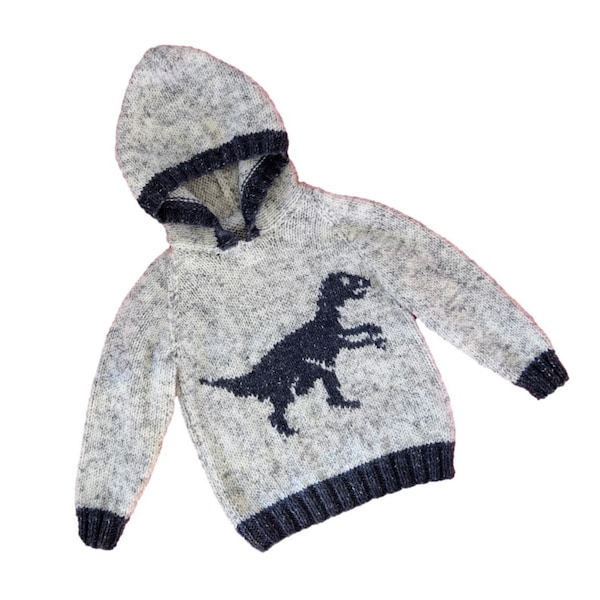 Knitting pattern for boys and girls dinosaur hoodie, Pdf digital download, Velociraptor Dinosaurs childrens Aran knitting pattern 2-12 years