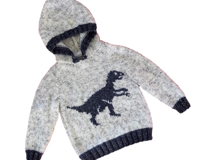 Knitting pattern for boys and girls dinosaur hoodie, Pdf digital download, Velociraptor Dinosaurs childrens Aran knitting pattern 2-12 years